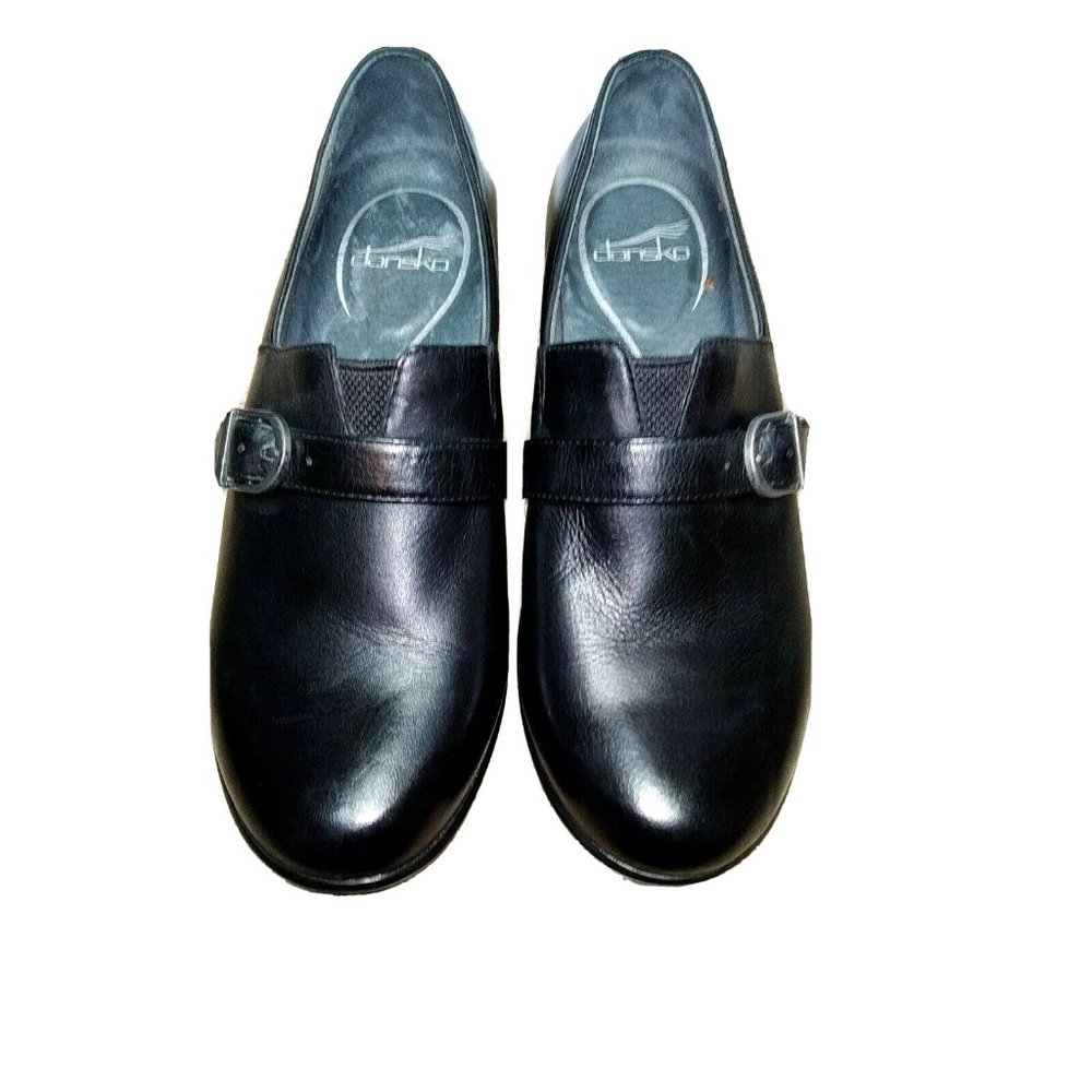 DANSKO 8.5M-9M/ 39EU Black Leather Slip-On Clogs w/Buckle Accent Elastic on Vamp